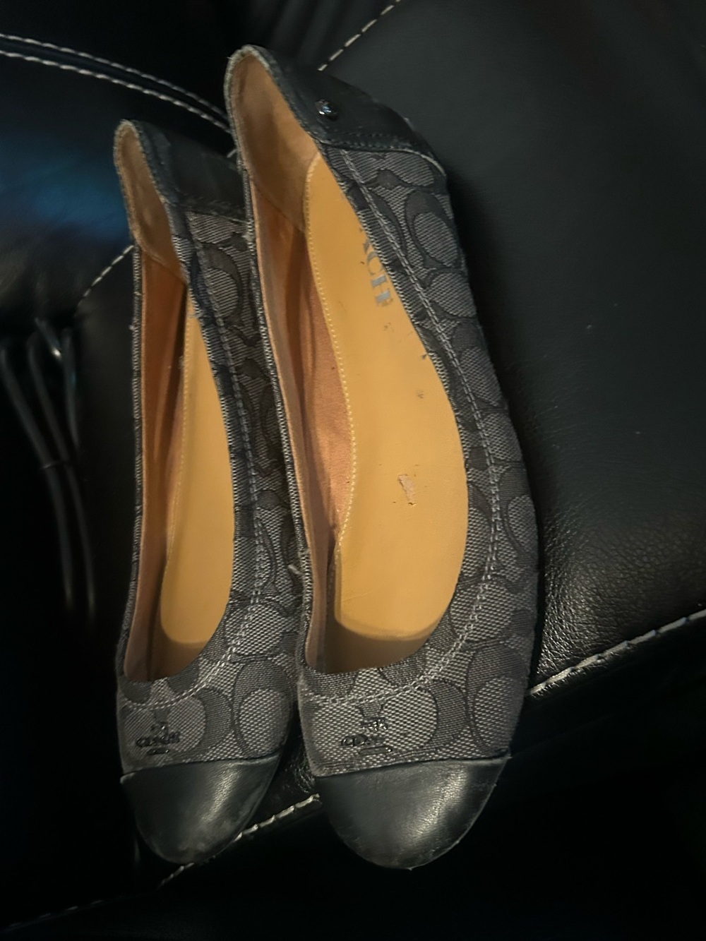 Coach Gray Signature Canvas Ballet Flats with Black Toe Cap